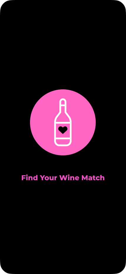 FYWM App 2 screen showing pink circular icon with white wine bottle and heart symbol, and 'Find Your Wine Match' text below on black background